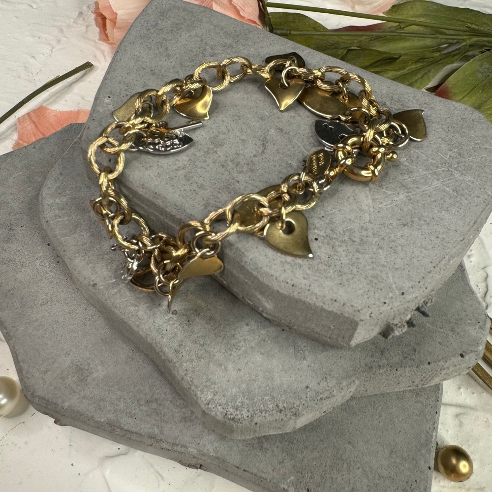 Gold Tone Heart Charm Bracelet Mixed Metal Lock and Key Chunky Link 8 Inch
